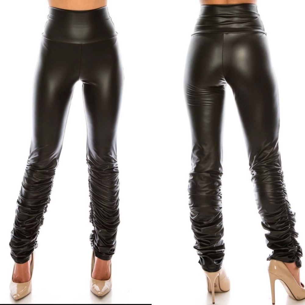 Black Faux Leather Rucched Pants Pull On Ladies Size Small New